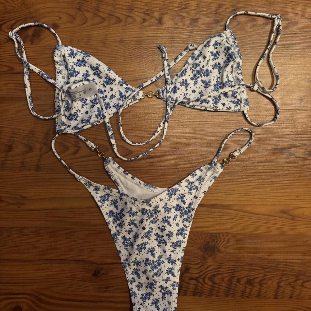 SHEIN White and Blue Floral Triangle Bikini Set